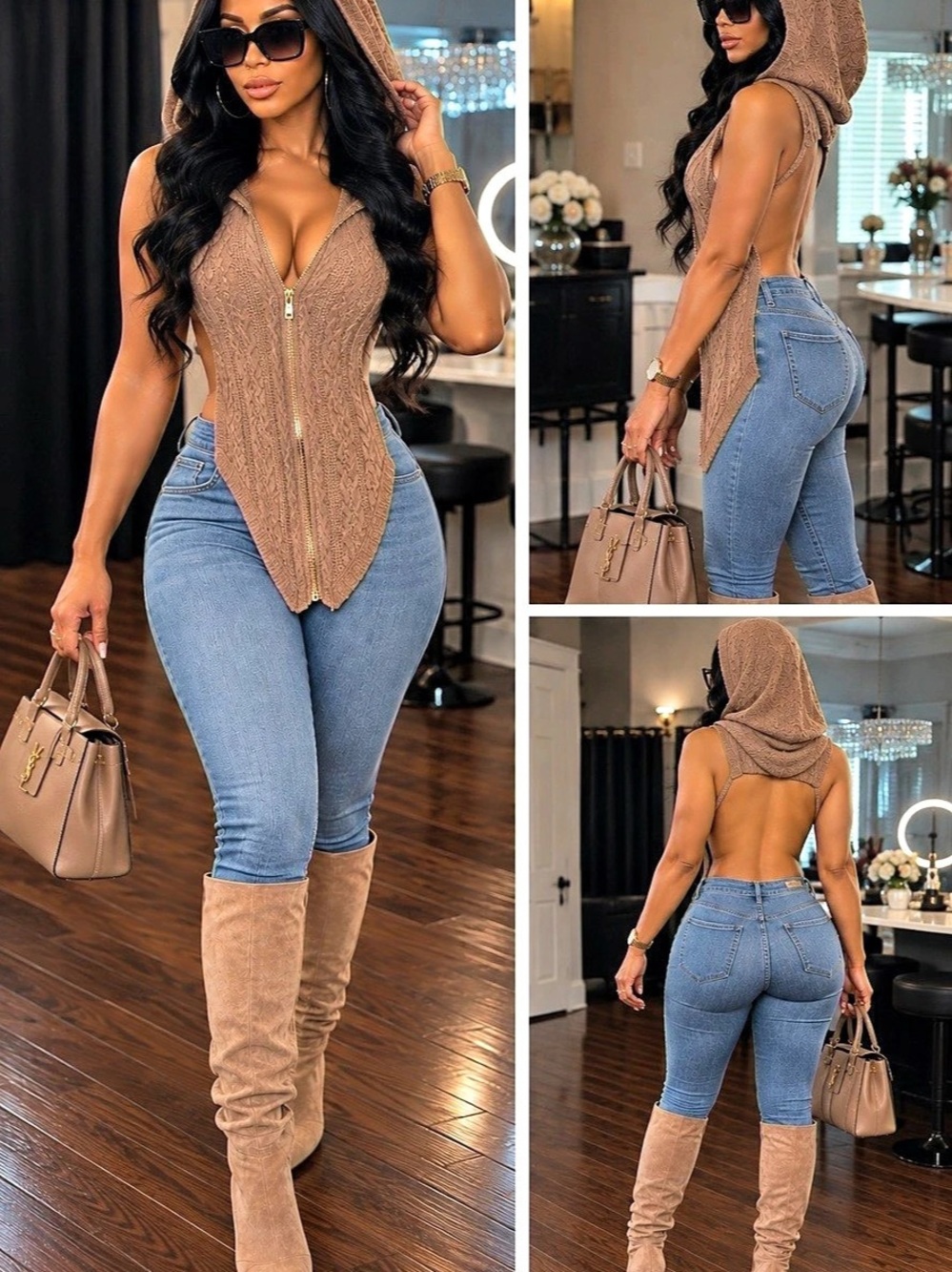 Hooded Knit Zip Front Top in Brown